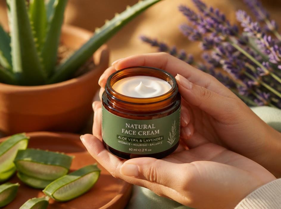 Tarro de crema natural de aloe vera y lavanda