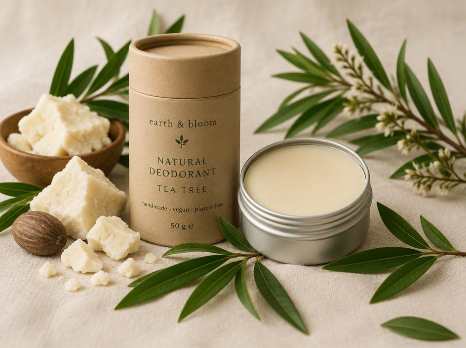 Desodorante natural en barra de karité y árbol de té con hojas frescas