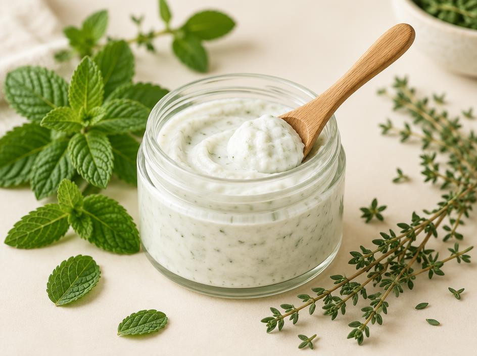 Frasco de vidrio con pasta dental natural de menta y tomillo, con hojas frescas de menta y ramas de tomillo