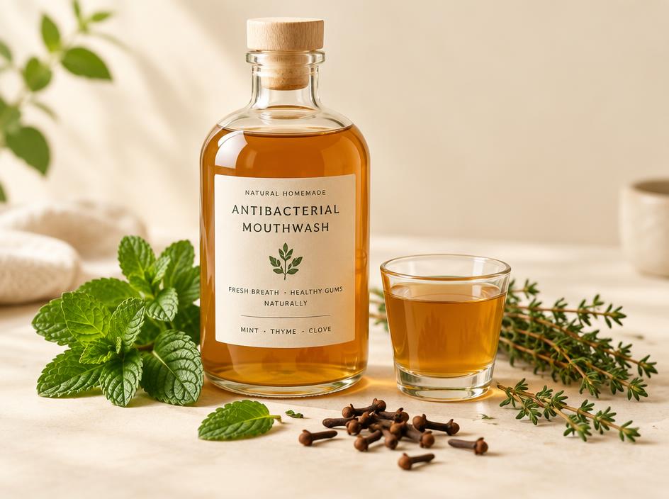 Frasco de vidrio con enjuague bucal antibacterial natural junto a menta, tomillo y clavos de olor